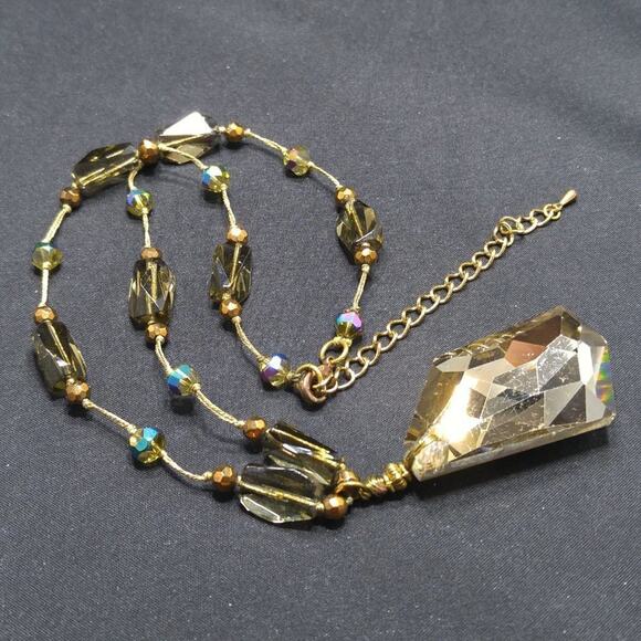 Vintage Smoky Topaz Glass Pendant Necklace Gold Tone Faceted Beads 20 Inch - Picture 8 of 8